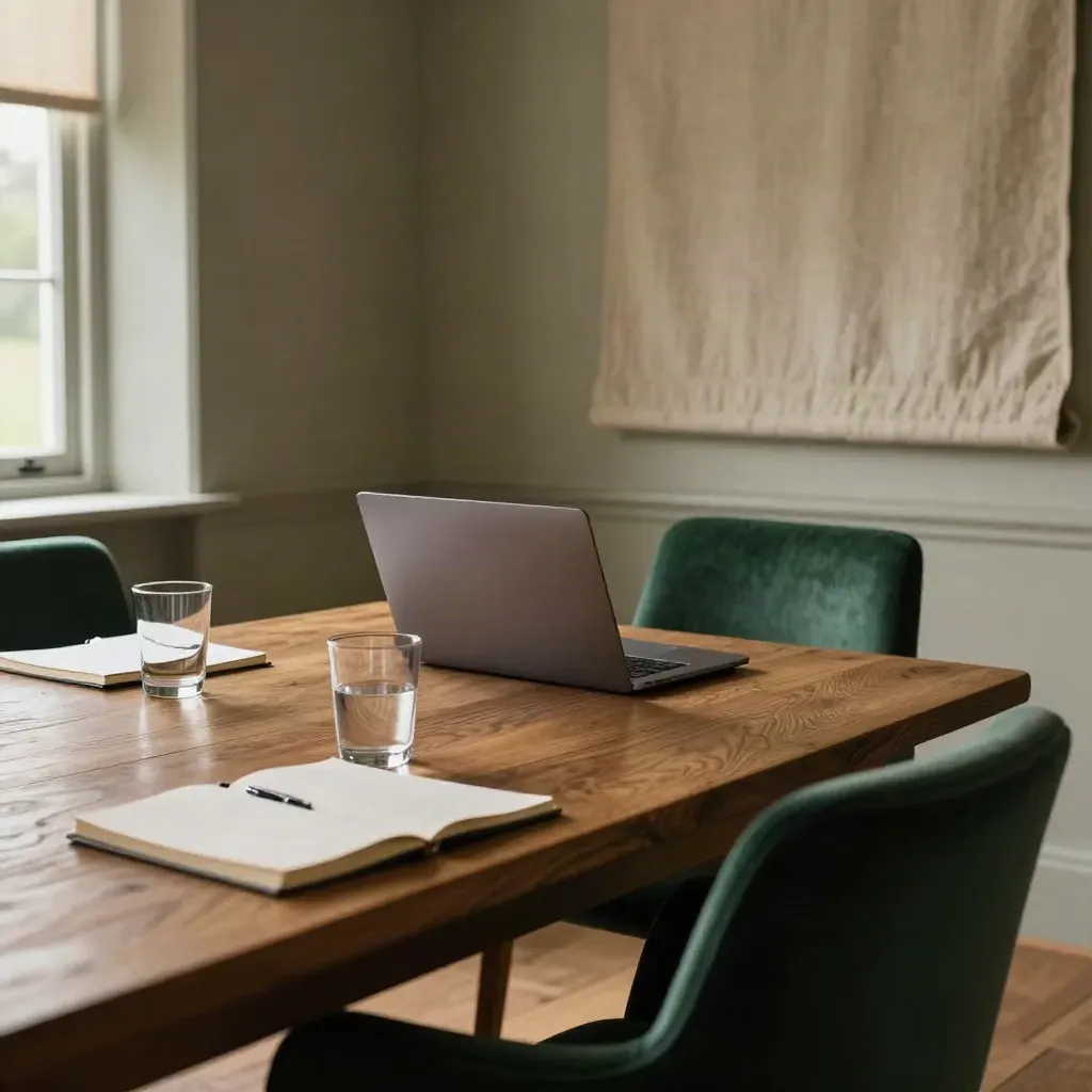 Countryside meeting room with closed laptop, water glasses, notebooks and oak conference table.