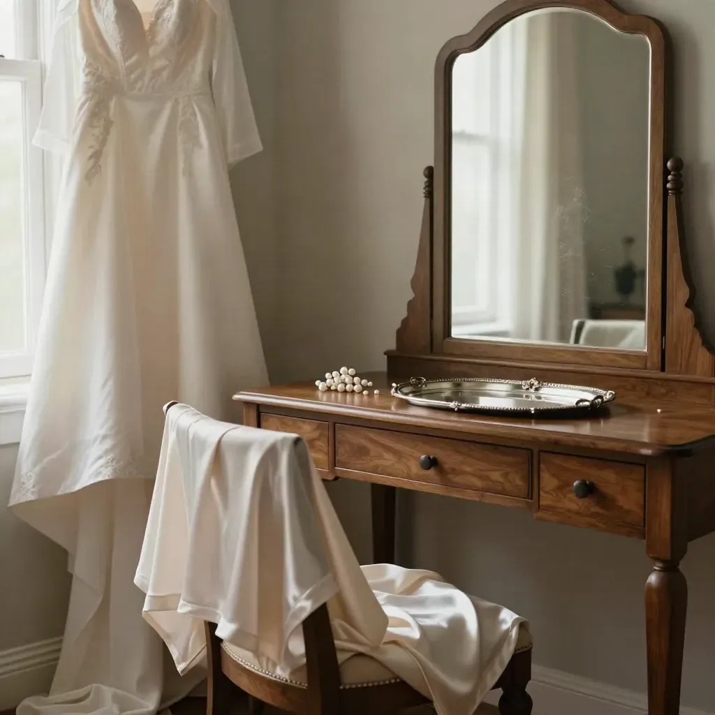 Bride prep suite with satin robe, hairpins, mirror tray and gown cover by a bright window.