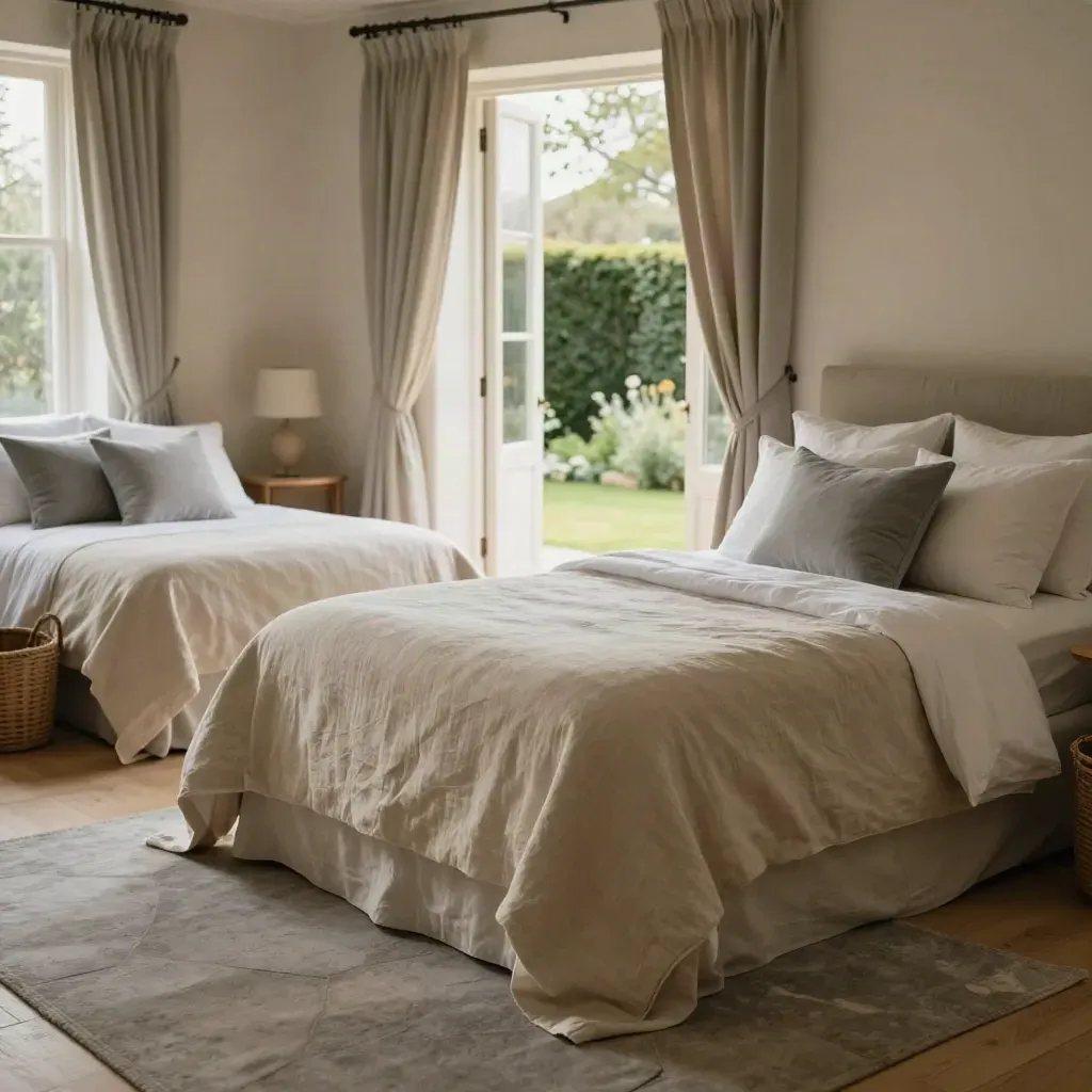 Two-bed suite with open garden doors, billowing curtains, woven baskets and soft spring light.